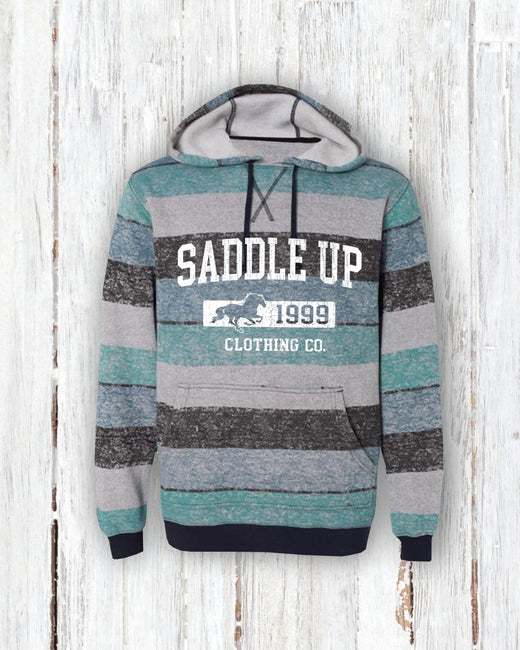 Vintage Saddle Up Striped Fleece Hoodie – Unisex Horse Rider Sweatshirt with Zipper Pocket